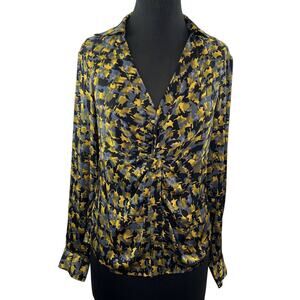 Vintage WORTH Black Gray Yellow Print Long Sleeve Twist Front Silk Blouse Top 8